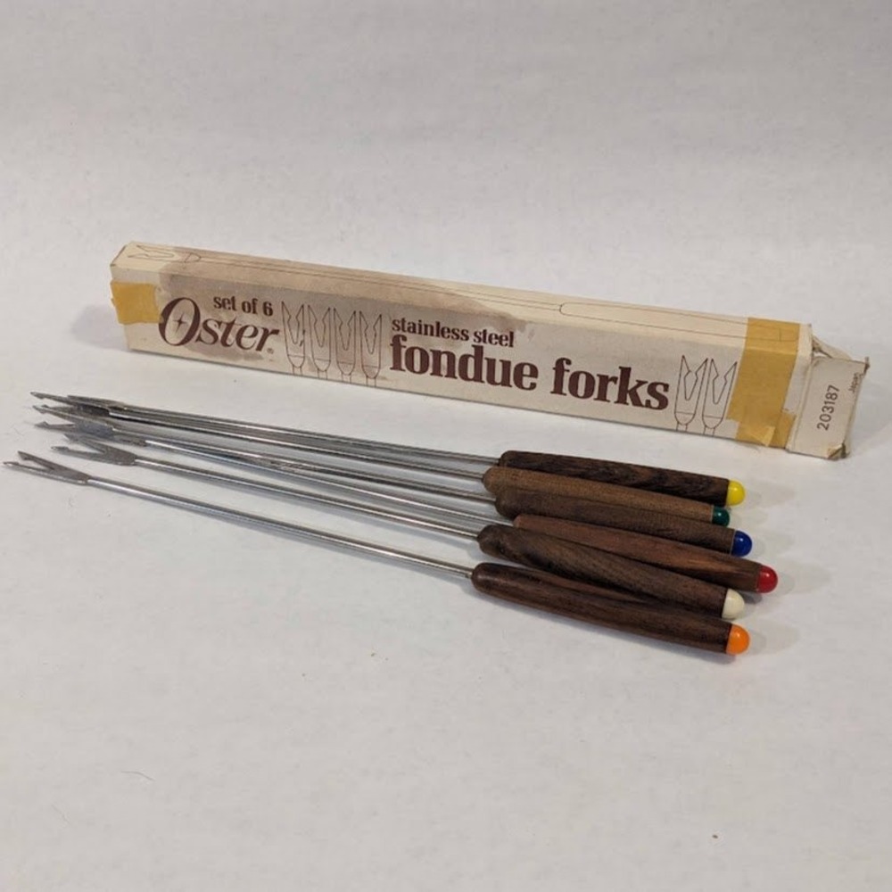 Oster Stainless Steel Fondue Forks Set of 6 Wood Handles MCM 203187 Vintage